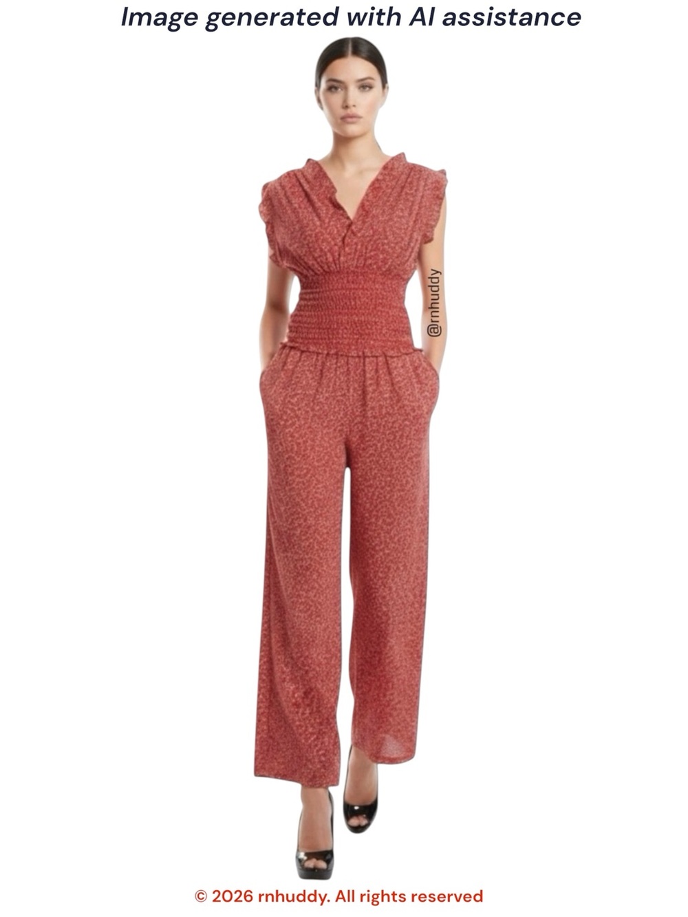 Max Studio L red wide leg smocked waist jumpsuit